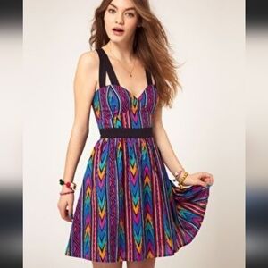 Charlotte Russe Geometric Strappy Fit & Flare Mini Dress Retro 80 Colorful Large